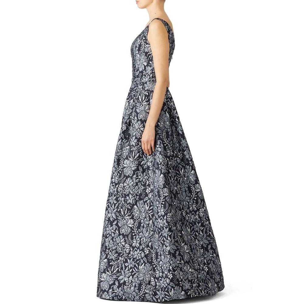 Theia Floral Slate Ball Gown Womens 10 Silver Blue Brocade Maxi Formal Evening - Picture 2 of 12
